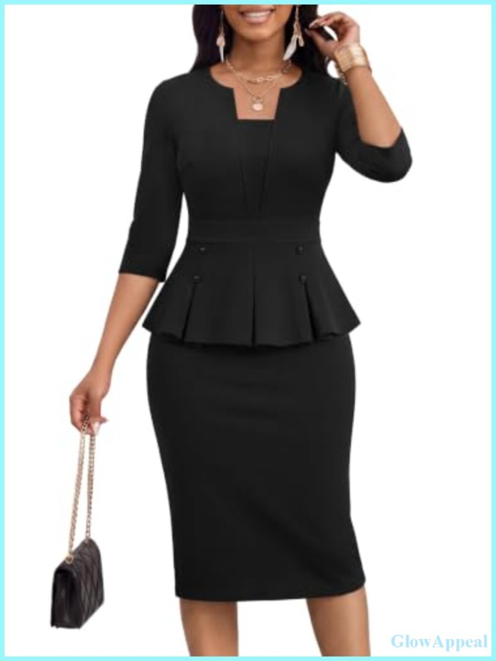 Peplum Bodycon Midi Dress 3/4 Sleeve Notch Collar Work Church